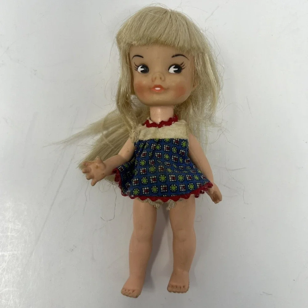 Vintage Remco Heidi Doll Side Glancing Blonde Hair Blue Dress 1960s Collectible